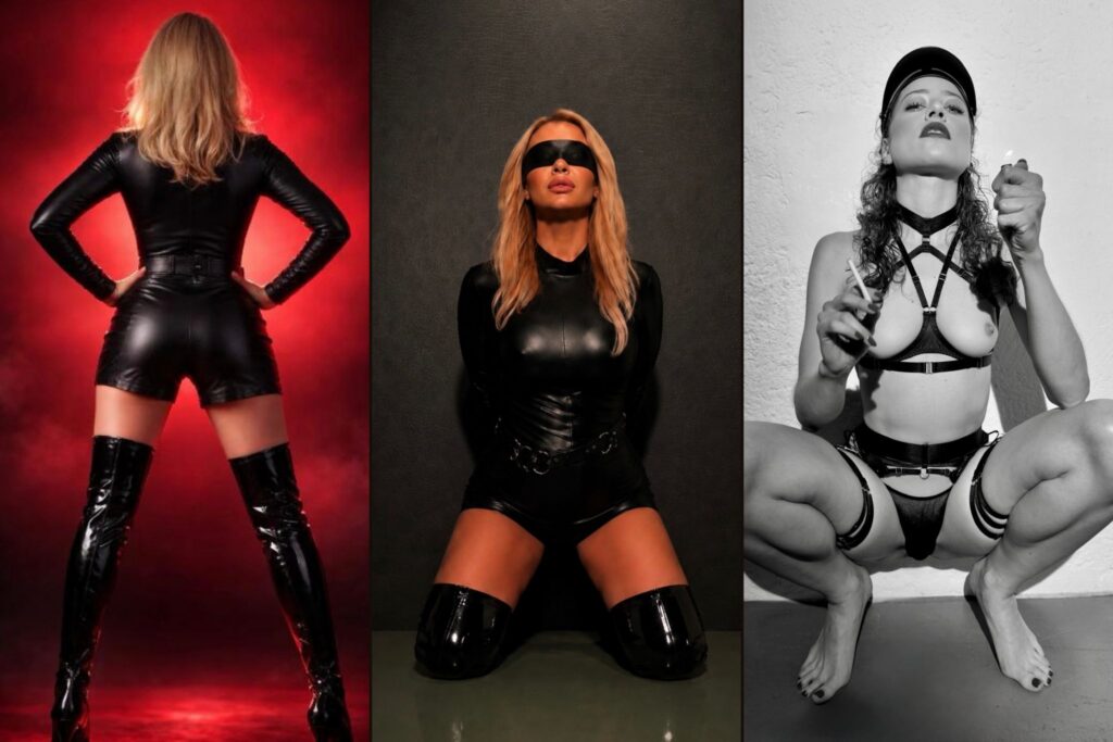 Banner mit Fotos von Nadine SIXX, Gespielin Sara auf den Knien mit Augenbinde und Absolute Levana in Dessous und Feuerzeug.