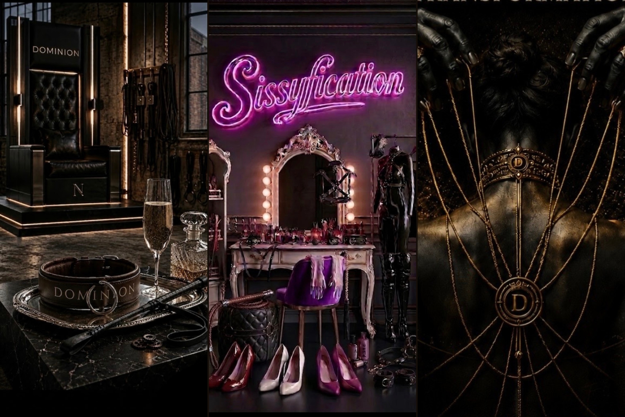 Banner mit 3 Möglichkeiten für Dominion in Aschaffenburg: links Natursekt, Mitte Sissyfication, rechts Marionette.