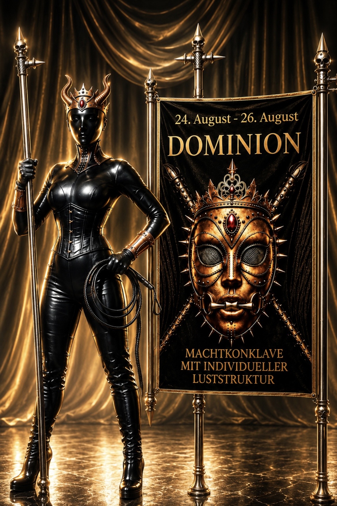 Dominion Aschaffenburg KI-Grafik einer schwarz angezogenen Dame in Latex neben einem Plakat auf dem "Dominion" steht.