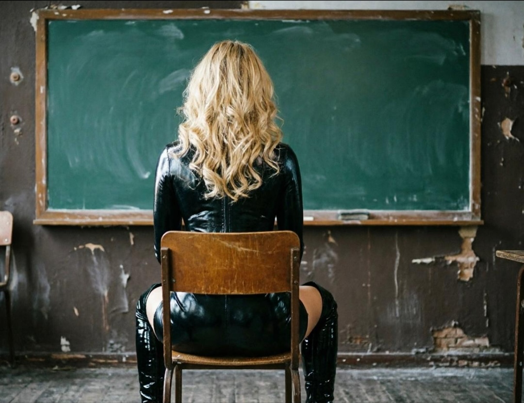Gespielin Sara auf Stuhl von hinten Gespielin Sara, eine große blonde Frau, in schwarzem Lack-/Leder-Outfit von hinten auf einem Stuhl sitzend. Davor eine Schultafel.