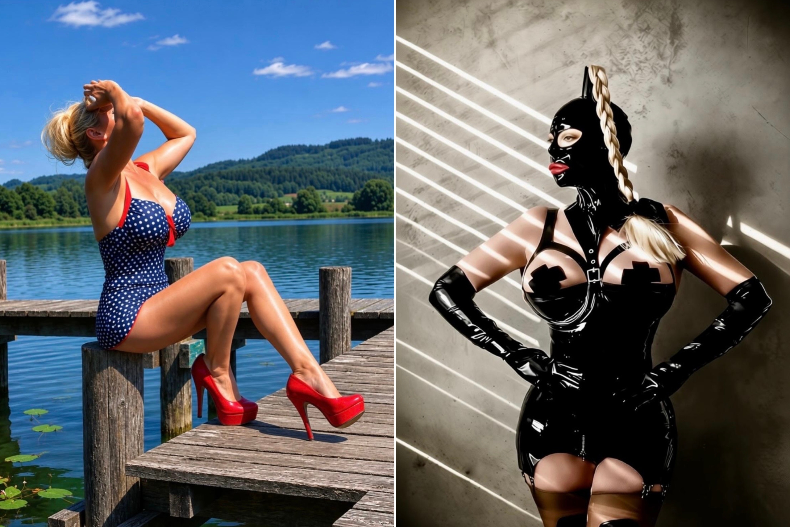Nadine SIXX im Badeanzug und Latex Banner mit zwei Bildern. Links: Nadine SIXX, eine große, schlanke blonde Dame, in blauem Badeanzug mit roten Pumps am See. Rechts in Latex-Kleid mit Maske und Zopf.