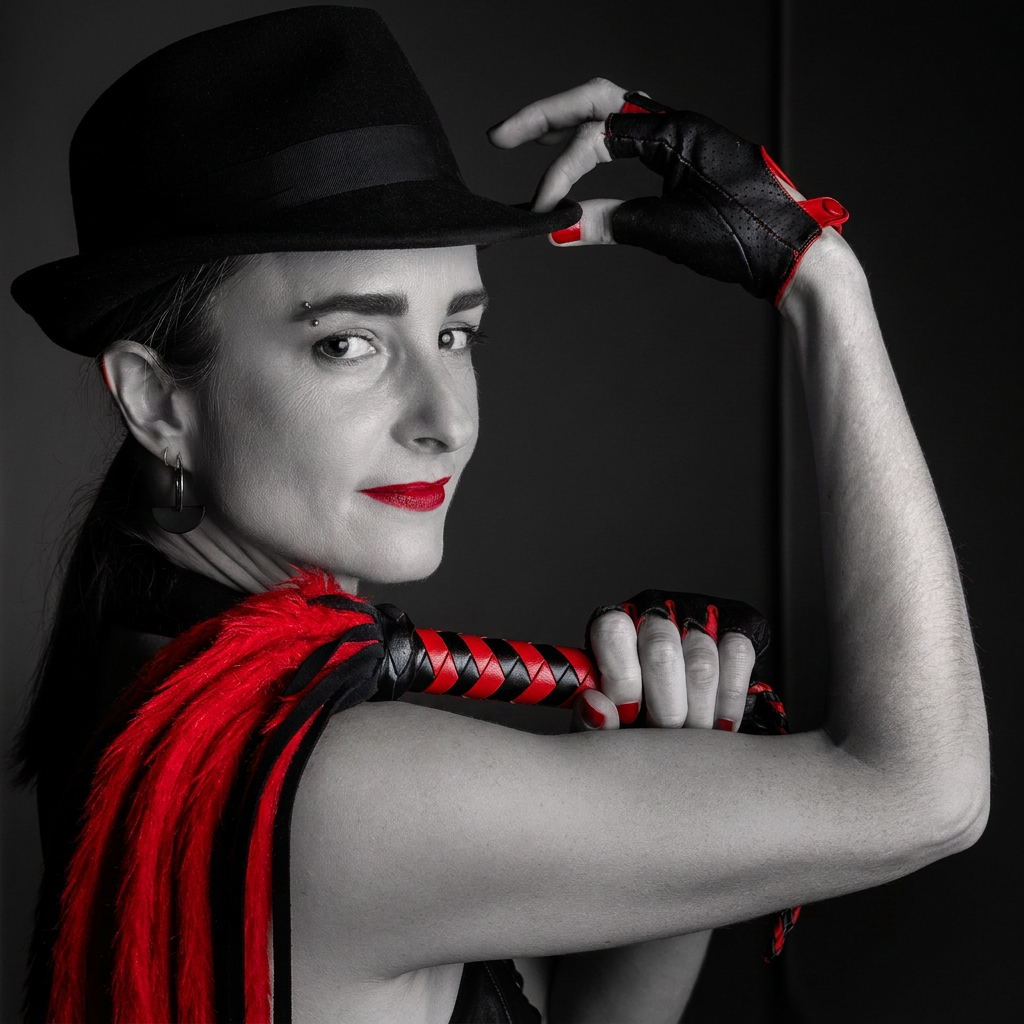 Hekate 1 Schwarz weiß Foto mit roten Highlights von Hekate, einer androgynen Domina mit rot-schwarzem Flogger und Fedora.